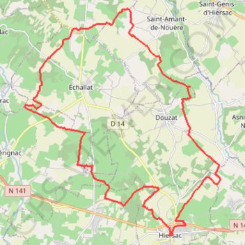 Itinéraire Hiersac 34 kms, distance, dénivelé, altitude, carte, profil, trace GPS