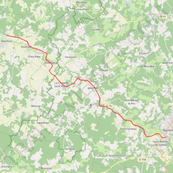 Itinéraire Marthon-Nontron, distance, dénivelé, altitude, carte, profil, trace GPS