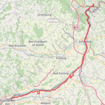 Itinéraire Braunau Passau, distance, dénivelé, altitude, carte, profil, trace GPS