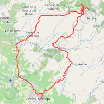 Itinéraire velez/Buitrera de sedella/pasada granadillos/velez, distance, dénivelé, altitude, carte, profil, trace GPS