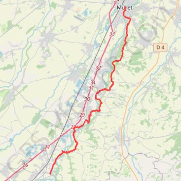 Itinéraire Muret - Carbonne par des sentiers et petites routes, distance, dénivelé, altitude, carte, profil, trace GPS