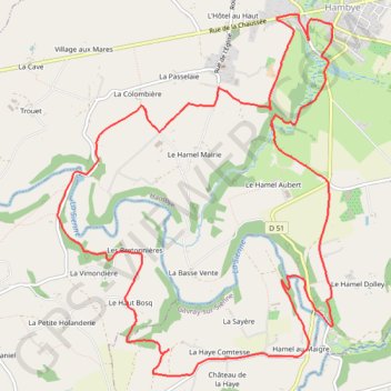 Itinéraire Hambye, distance, dénivelé, altitude, carte, profil, trace GPS