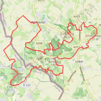 Itinéraire Westouter - Sulferberg - Scherpenberg - Mont Noir, distance, dénivelé, altitude, carte, profil, trace GPS
