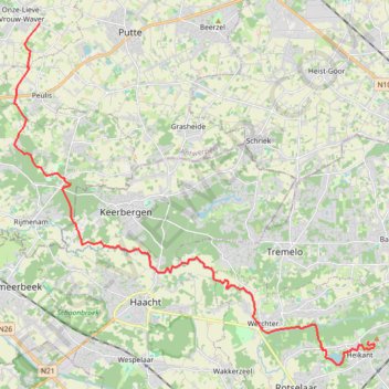 Itinéraire Olv-W - Rotselaar, distance, dénivelé, altitude, carte, profil, trace GPS