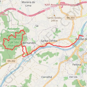 Itinéraire Boucle de 16km de Ponte de Lima vers Lagoas de Bertiandos (Portugal), distance, dénivelé, altitude, carte, profil, trace GPS