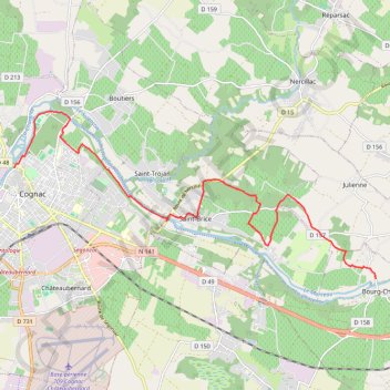 Itinéraire T21.1-Cognac à Bourg-Charente, distance, dénivelé, altitude, carte, profil, trace GPS
