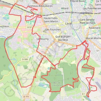 Itinéraire Laval par le bois de l'Huisserie, le bois de Gamats et Saint-Pierre-le-Potier, distance, dénivelé, altitude, carte, profil, trace GPS