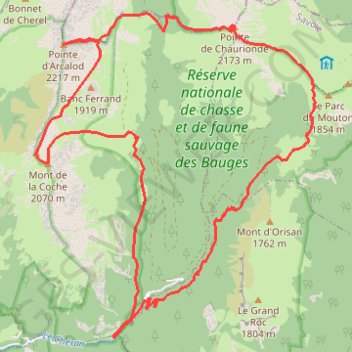 Itinéraire Bauges - Pointe Chaurionde, Pointe Arcalod, Mont de la Coche, distance, dénivelé, altitude, carte, profil, trace GPS