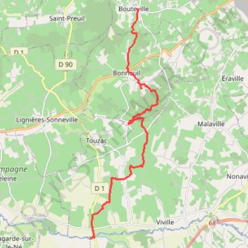 Itinéraire Bouteville La Roche 15 kms TDC, distance, dénivelé, altitude, carte, profil, trace GPS