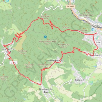 Itinéraire Thann - Rammersmatt - Col du Hundsruck - Thann, distance, dénivelé, altitude, carte, profil, trace GPS
