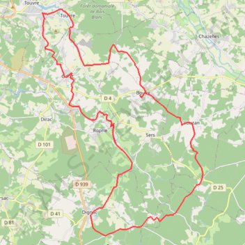 Itinéraire boucle 55 C 46 km départ Bouex 16, distance, dénivelé, altitude, carte, profil, trace GPS