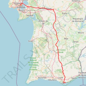 Itinéraire 001 dimanche 11 mai Loueur Lisbonne à Faro 319 KM, distance, dénivelé, altitude, carte, profil, trace GPS