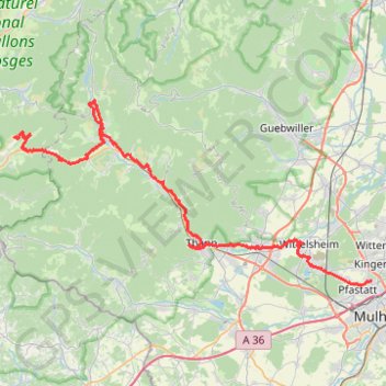 Itinéraire Mulhouse - Thann - Kruth - Urbès - Bussang - Azureva, distance, dénivelé, altitude, carte, profil, trace GPS