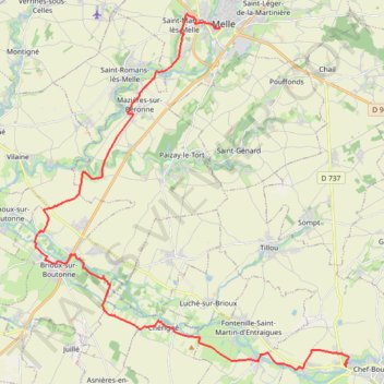 Itinéraire Chef Boutonne vers Melle 32 kms Vélideale, distance, dénivelé, altitude, carte, profil, trace GPS
