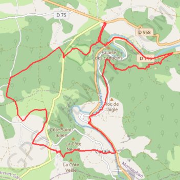 Itinéraire Bône - Cazals par la falaise du Capucin, distance, dénivelé, altitude, carte, profil, trace GPS