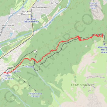 Itinéraire Descente depuis la mer de glace, distance, dénivelé, altitude, carte, profil, trace GPS