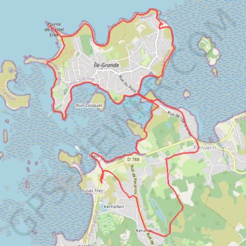 Itinéraire De Runigou au tour de l'île Grande, distance, dénivelé, altitude, carte, profil, trace GPS