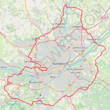Itinéraire Nantes - 100.2km, distance, dénivelé, altitude, carte, profil, trace GPS