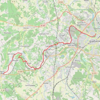 Itinéraire Angoulème / Châteauneuf-sur-Charente, distance, dénivelé, altitude, carte, profil, trace GPS