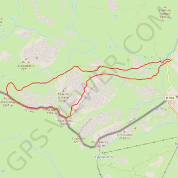 Itinéraire Pics Canaourouye, Peña Blanca, Anéou depuis la cabane d'Araillé (crampons), distance, dénivelé, altitude, carte, profil, trace GPS