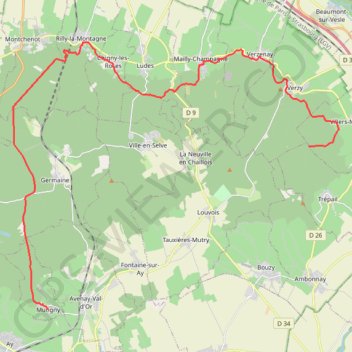 Itinéraire GR 141 : De la forêt domaniale de Verzy à Mutigny (Marne), distance, dénivelé, altitude, carte, profil, trace GPS