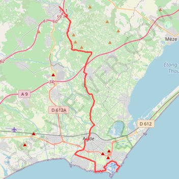 Itinéraire V2 - Pézenas - Cap d'Agde, distance, dénivelé, altitude, carte, profil, trace GPS