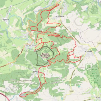 Itinéraire Trail des grottes de Han-sur-Lesse TDG 42K, distance, dénivelé, altitude, carte, profil, trace GPS