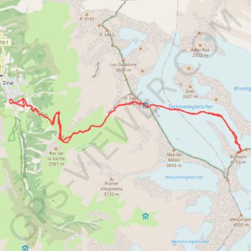 Itinéraire Zinal-Bishorn, distance, dénivelé, altitude, carte, profil, trace GPS