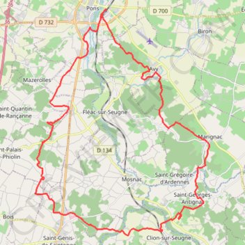 Itinéraire Pons vers Clion et St Genis 41kms, distance, dénivelé, altitude, carte, profil, trace GPS