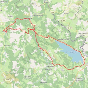 Itinéraire Naussac - Grandieu (tour du lac), distance, dénivelé, altitude, carte, profil, trace GPS