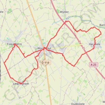 Itinéraire Boucle d'Esquelbecq, distance, dénivelé, altitude, carte, profil, trace GPS