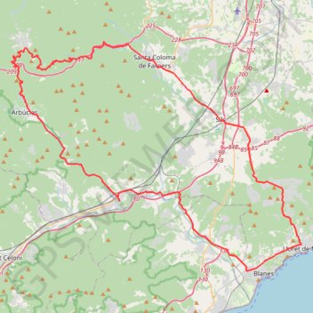 Itinéraire Copia de Lloret-Santa coloma- Sant Hilari-Arbucies-Lloret BO, distance, dénivelé, altitude, carte, profil, trace GPS
