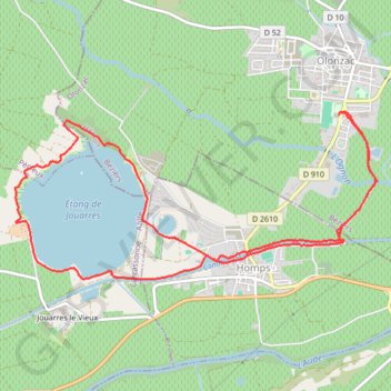 Itinéraire Olonzac, Homps et l'étang de Jouarres, distance, dénivelé, altitude, carte, profil, trace GPS
