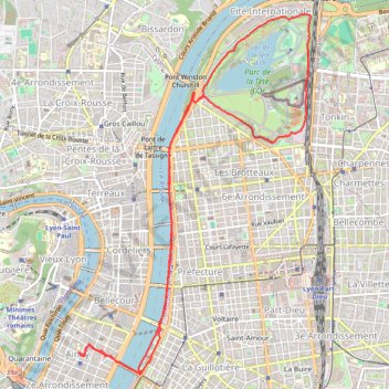 Itinéraire Rhône-Parc Tête d'Or, distance, dénivelé, altitude, carte, profil, trace GPS