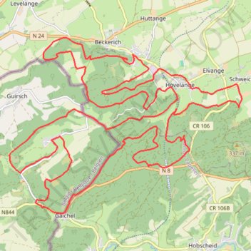 Itinéraire Hovelange, Beckerich, Gaichel et Schweich, distance, dénivelé, altitude, carte, profil, trace GPS