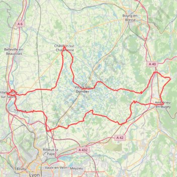Itinéraire Dombes entre Saone et Ain, distance, dénivelé, altitude, carte, profil, trace GPS