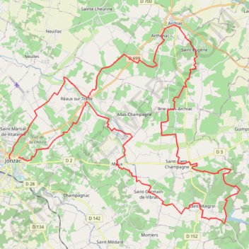 Itinéraire Jonzac 3 65 kms, distance, dénivelé, altitude, carte, profil, trace GPS
