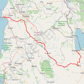 Itinéraire Durrës à Pogradec par le sud, distance, dénivelé, altitude, carte, profil, trace GPS