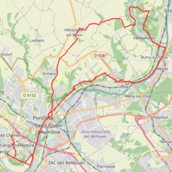 Itinéraire Cergy - Valmondois - Cergy, distance, dénivelé, altitude, carte, profil, trace GPS