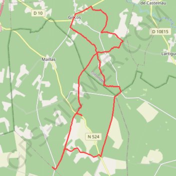 Itinéraire Au long du Giscos en forêt landaise, distance, dénivelé, altitude, carte, profil, trace GPS