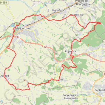 Itinéraire L'Isle Jourdain, vers Bouconne et le Savès, distance, dénivelé, altitude, carte, profil, trace GPS