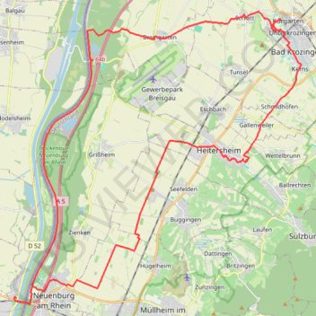 Itinéraire Chalampé - Heitersheim - Bad Krozingen - Rhin - Chalampé, distance, dénivelé, altitude, carte, profil, trace GPS