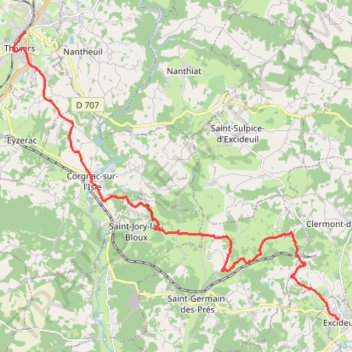Itinéraire Excideuil / Thiviers, distance, dénivelé, altitude, carte, profil, trace GPS