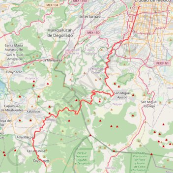 Itinéraire Mexico, distance, dénivelé, altitude, carte, profil, trace GPS
