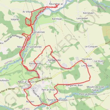 Itinéraire Rando autour de Rumengol, distance, dénivelé, altitude, carte, profil, trace GPS