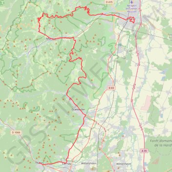 Itinéraire J2 Colmar - Thann, distance, dénivelé, altitude, carte, profil, trace GPS