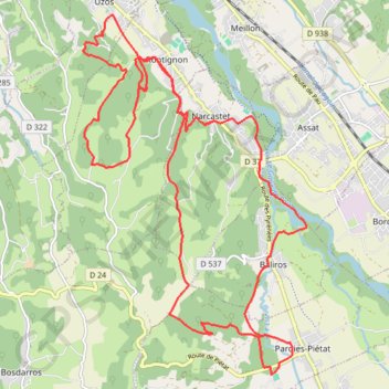 Itinéraire Boucle gave et coteau entre pardies pietat et uzos, distance, dénivelé, altitude, carte, profil, trace GPS