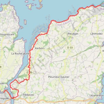 Itinéraire GR34 du Québo à Tréguier, distance, dénivelé, altitude, carte, profil, trace GPS