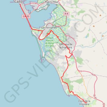 Itinéraire 01: Cadix et son réseau cyclable en bord de mer – Conil de la Frontera (DEVELOPED), distance, dénivelé, altitude, carte, profil, trace GPS