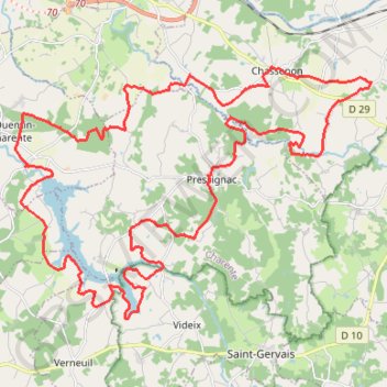 Itinéraire lac hautes charente 43 kms, distance, dénivelé, altitude, carte, profil, trace GPS